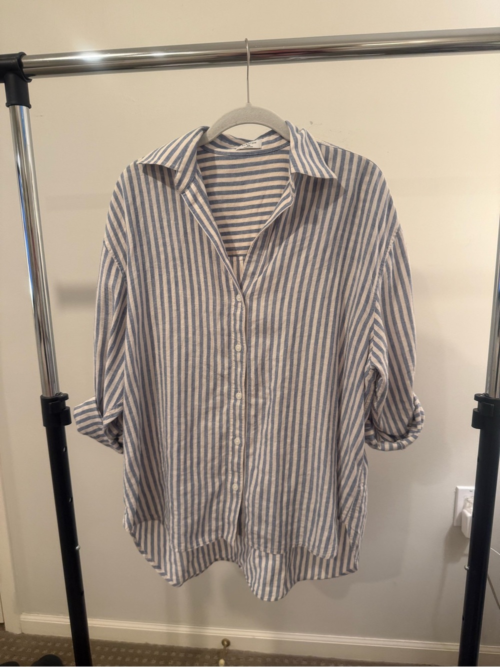 Aritzia Babaton Blue and White Striped Linen Button-Down Shirt